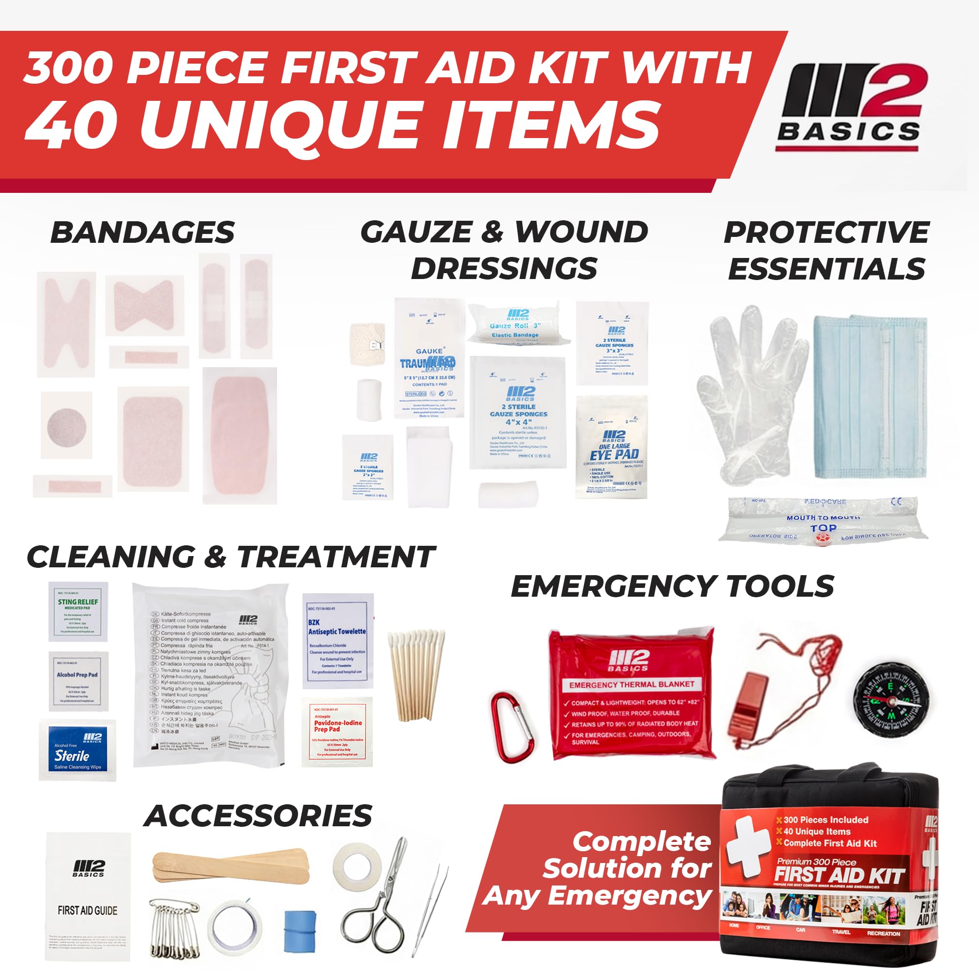 M2 BASICS kit with bandages and gauze neatly organized for quick use