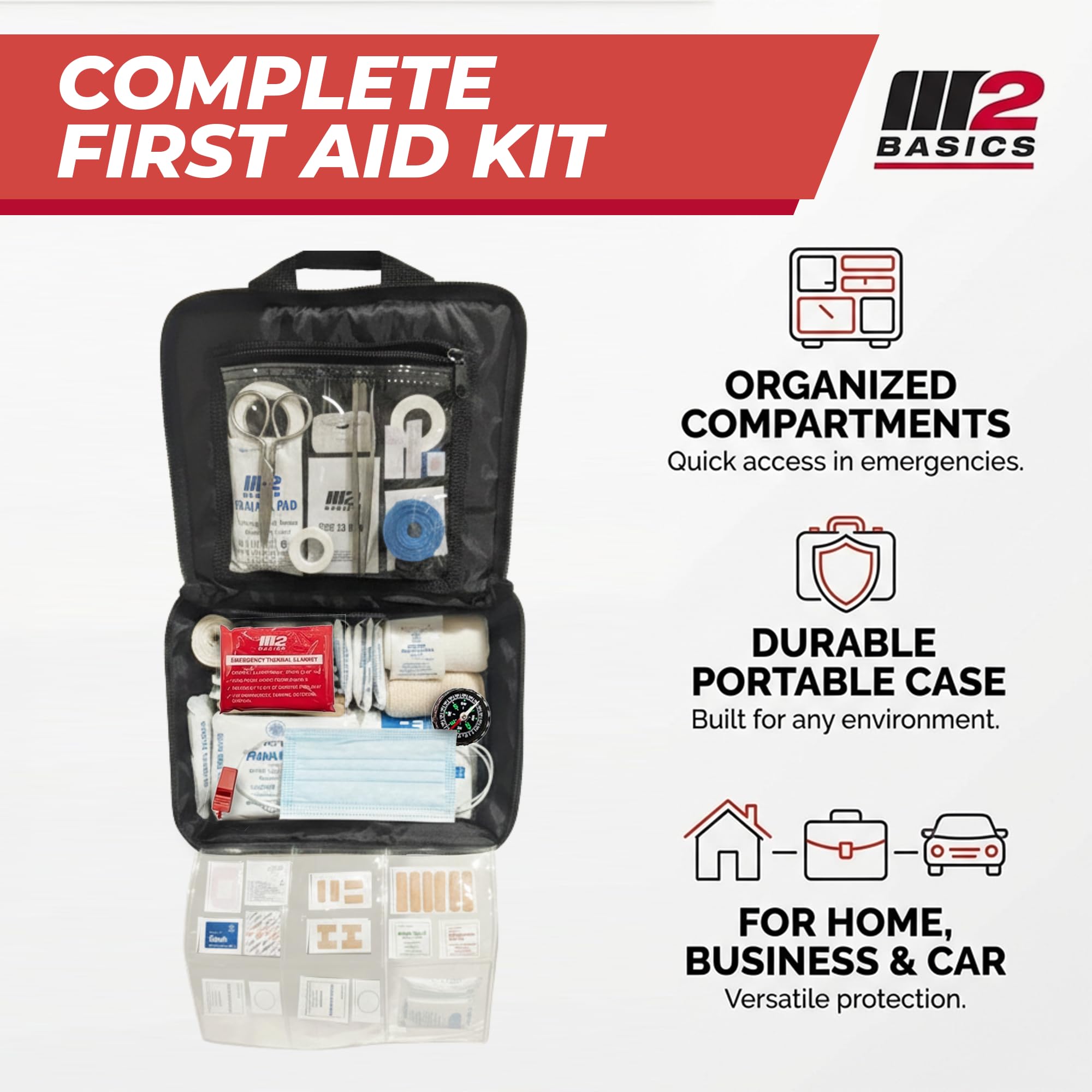 M2 BASICS kit contents ideal for car trips and travel emergencies