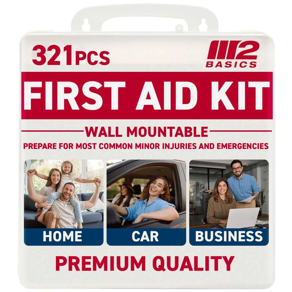 M2 BASICS Premium 321-piece first aid kit in a hard case for organized storage.
