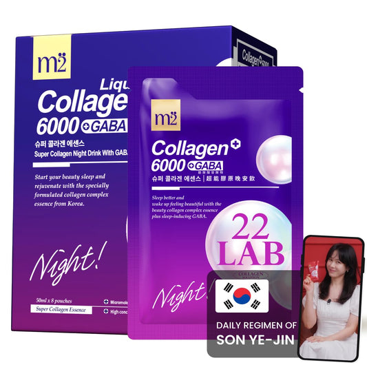 m2 Liquid Collagen bottle on nightstand glowing for a relaxing nighttime routine