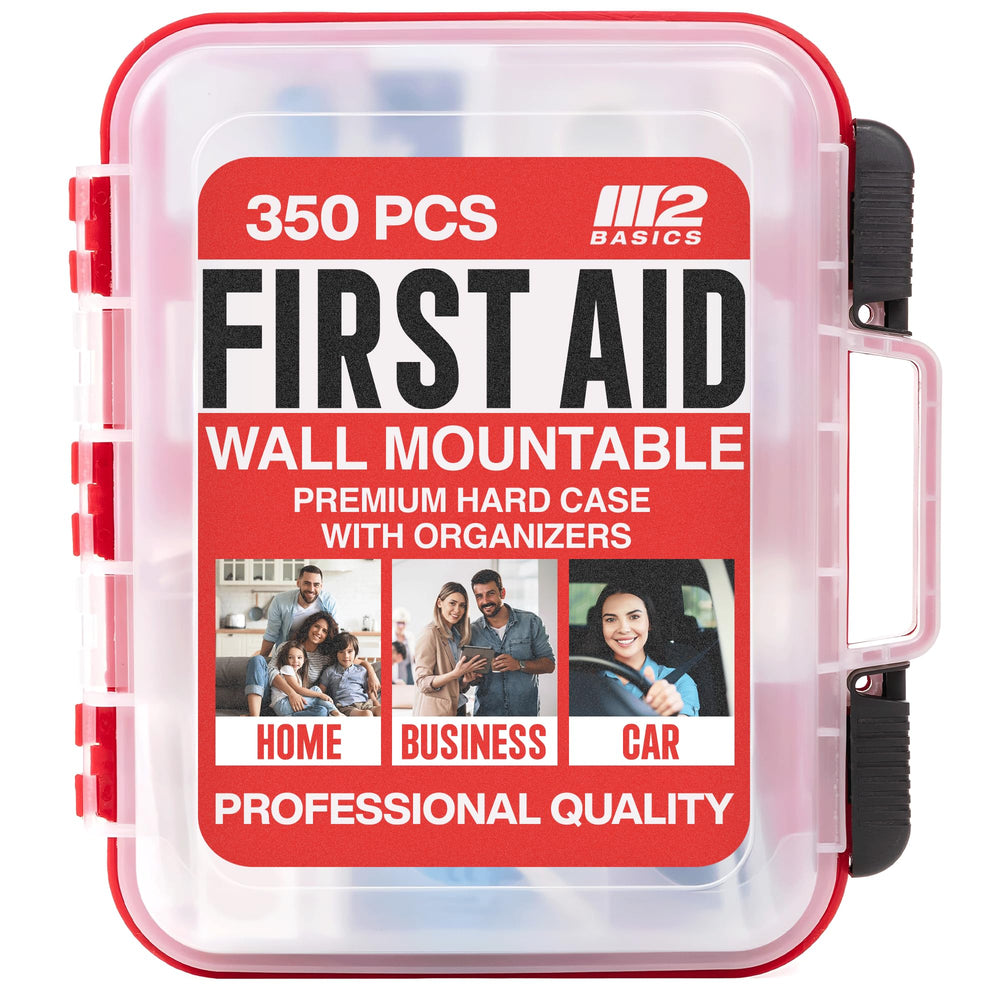 M2 BASICS Professional 350-piece first aid kit mounted on wall for easy access.
