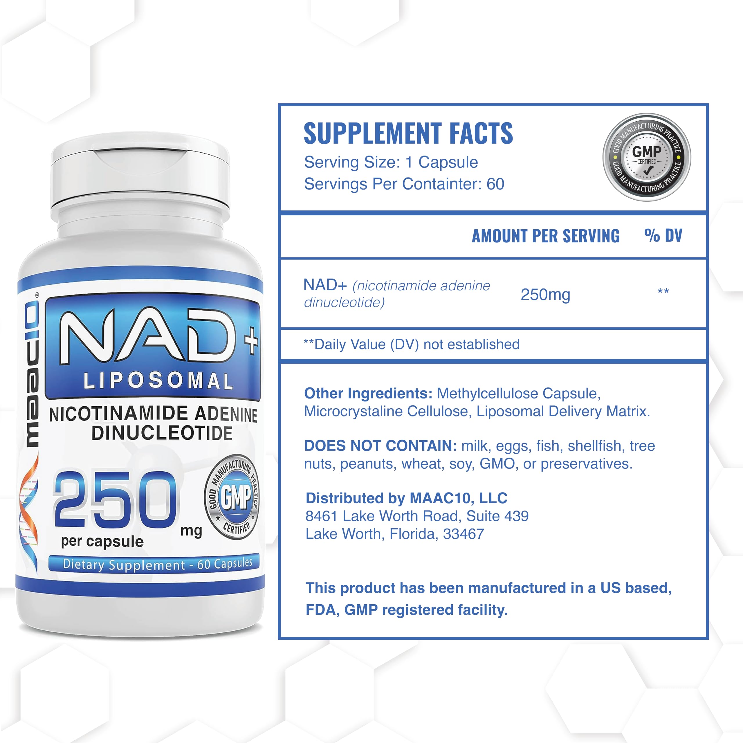 MAAC10 Liposomal NAD+ capsules close-up emphasizing smooth, easy-to-swallow texture