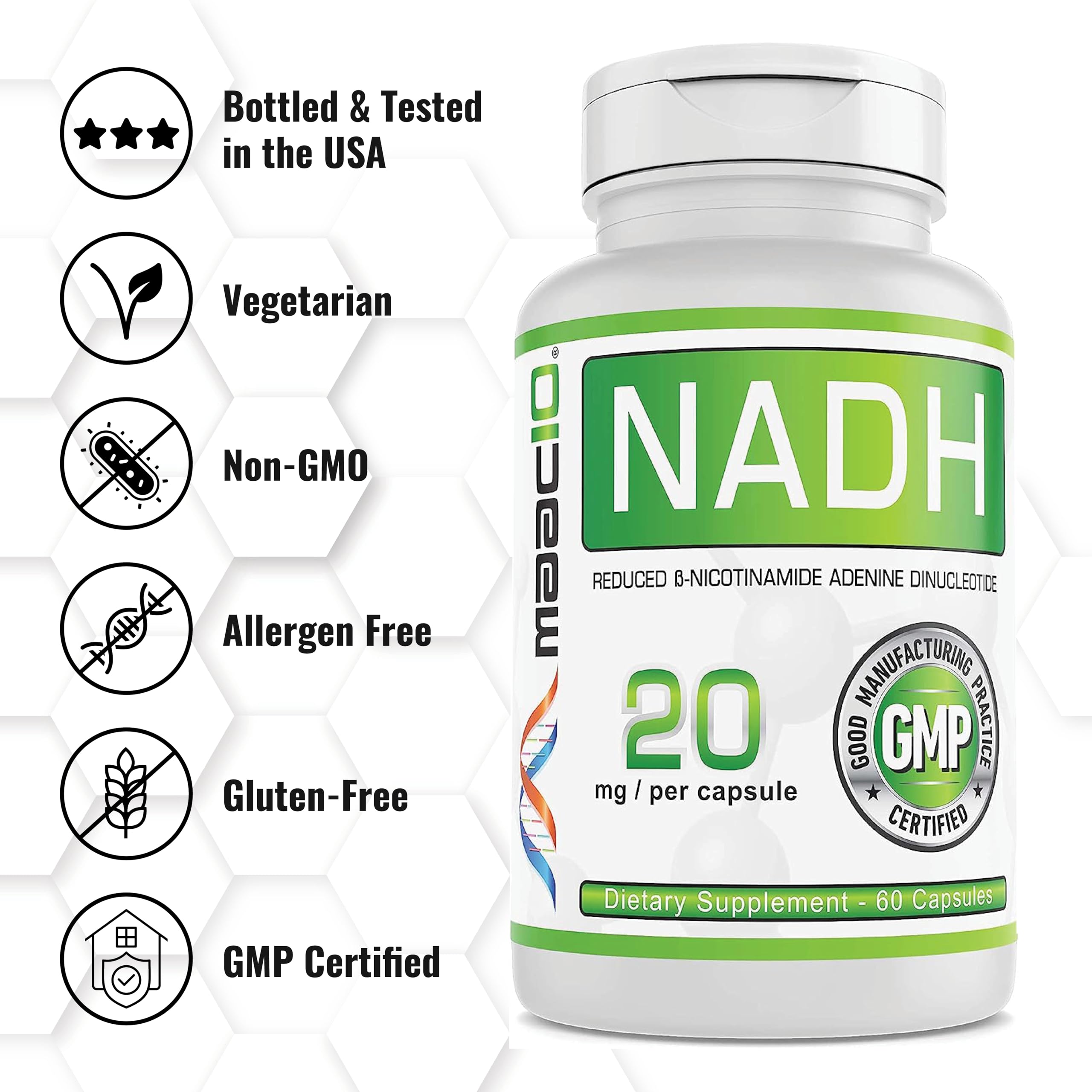 MAAC10 NADH bottle back label showing supplement facts and vegan notes