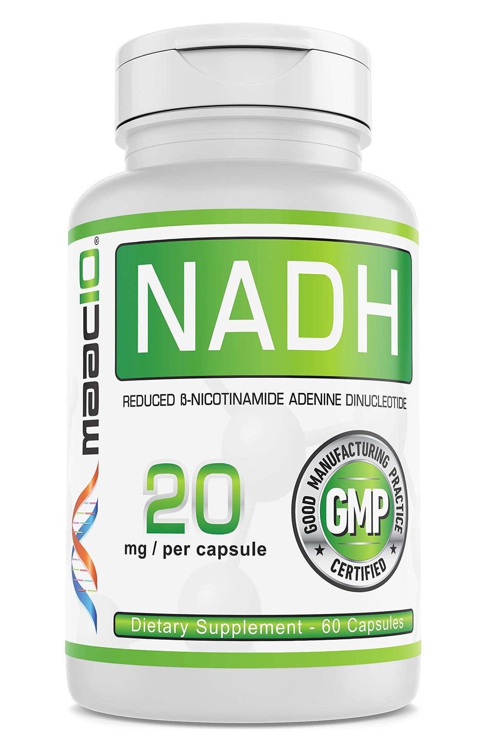 MAAC10 NADH bottle front shows clean branding for energy support