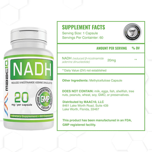 MAAC10 NADH capsules inside bottle indicate daily energy support