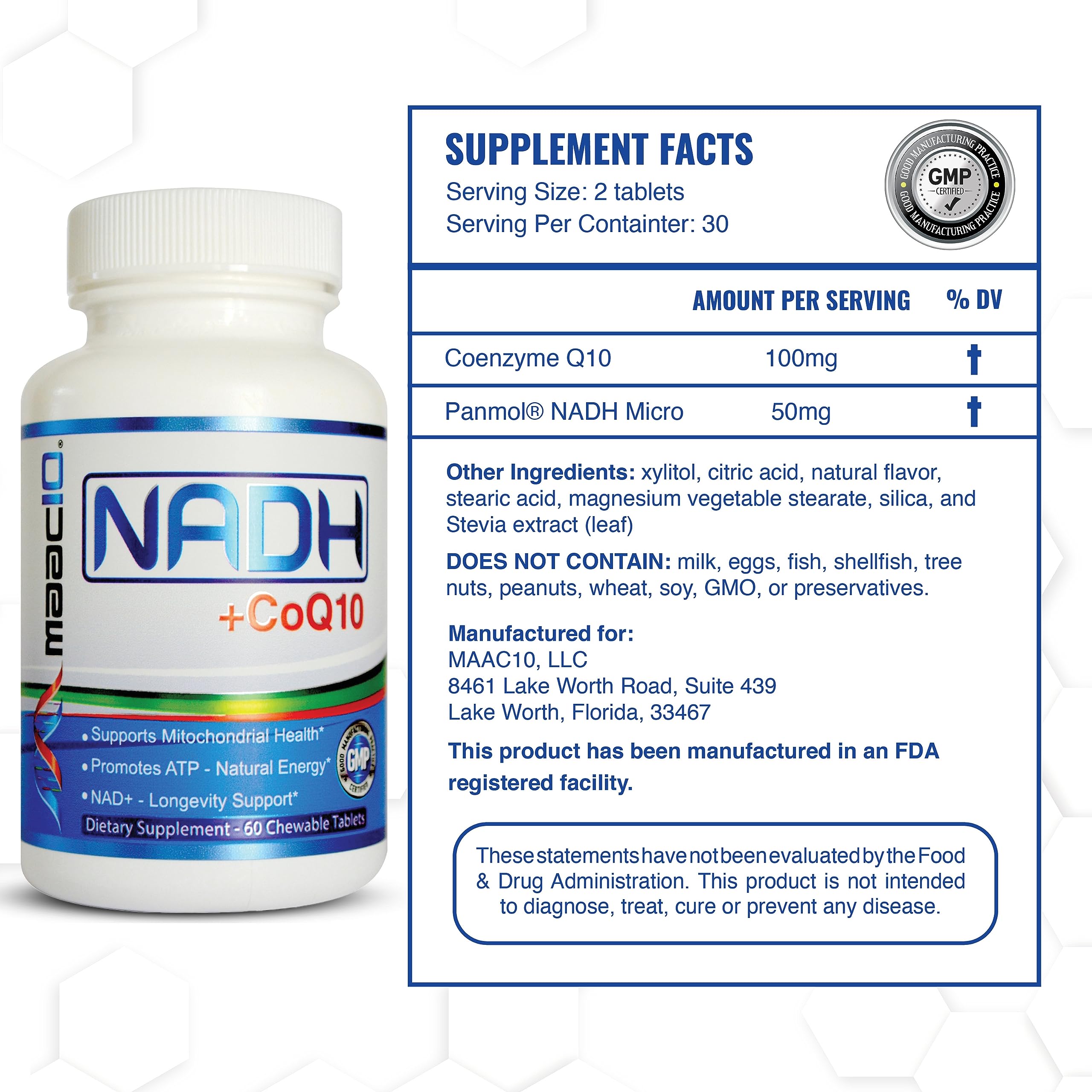 Maac10 NADH + CoQ10 bottle back label highlighting ingredients and vegan-friendly formula