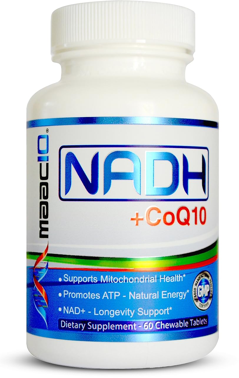 MAAC10 NADH + CoQ10 bottle front view for convenient daily energy support.