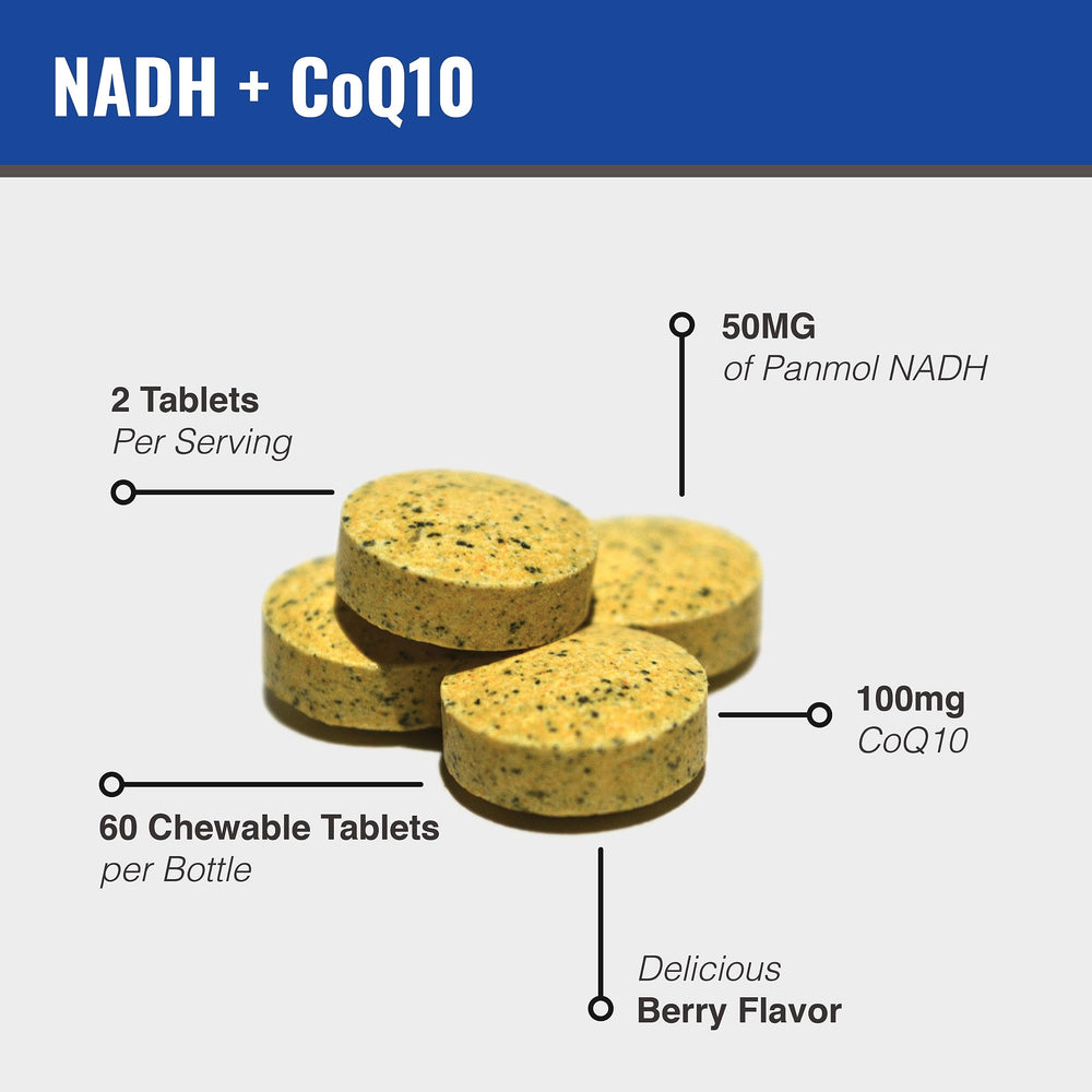 Two-tablet serving of MAAC10 NADH + CoQ10 showing daily energy dosage.