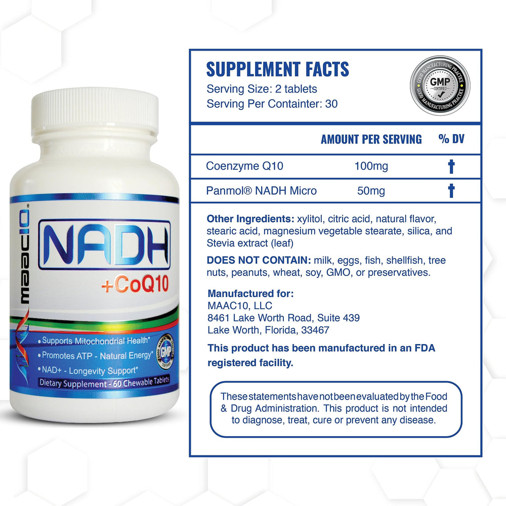MAAC10 NADH + CoQ10 berry-flavored chewables for tasty daily energy.