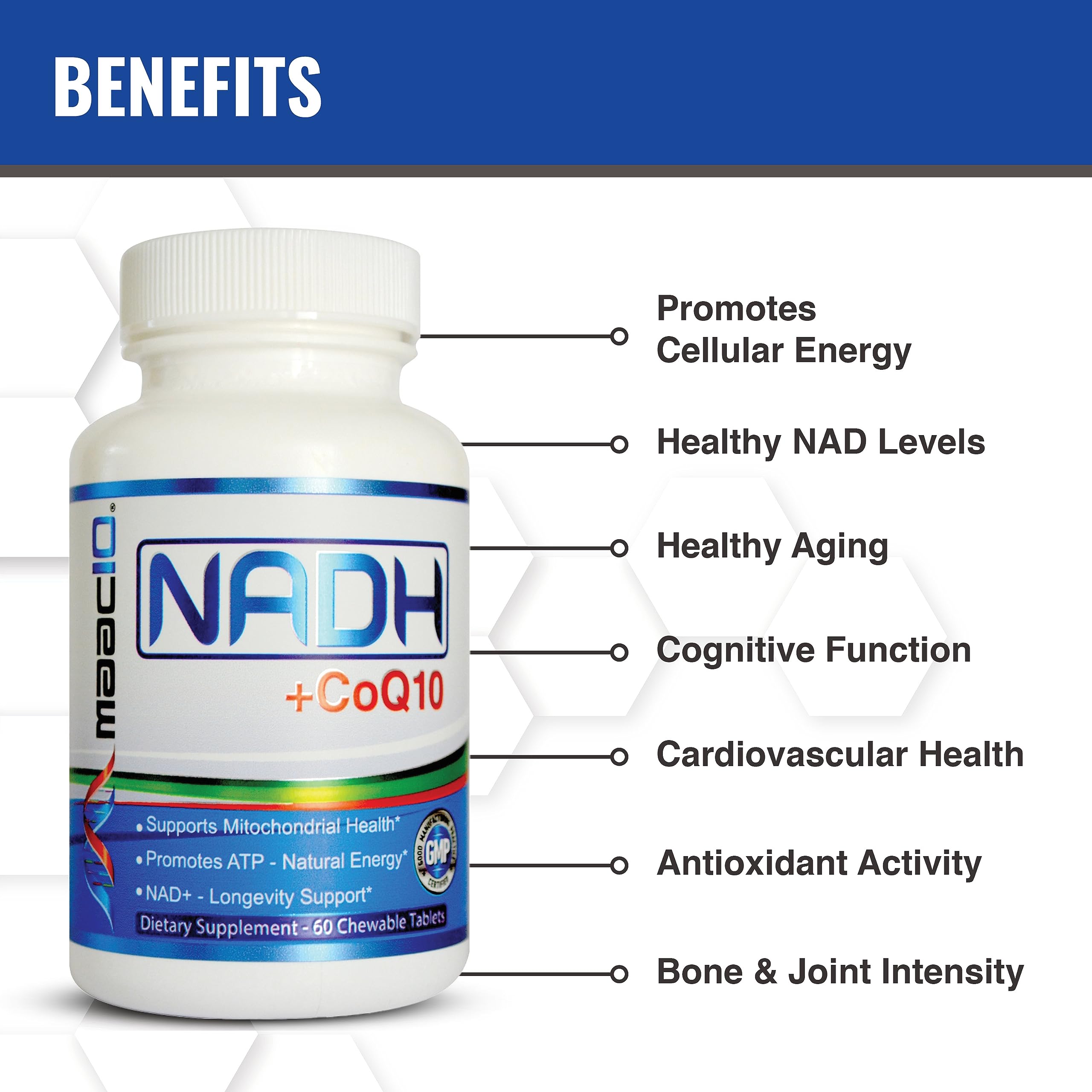 Maac10 NADH + CoQ10 tablets serving size two chewables for convenient daily use