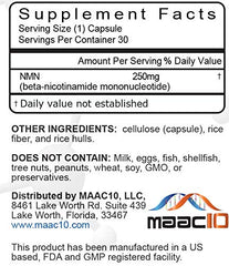 MAAC10 NMN bottle shown with clear label highlighting purity and potency.