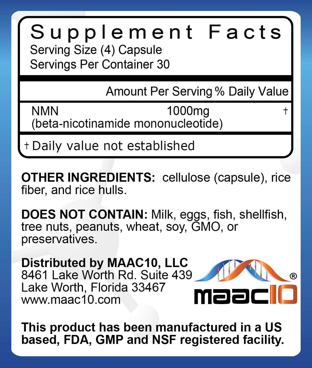Close-up of MAAC10 NMN capsules highlighting purity and potency.