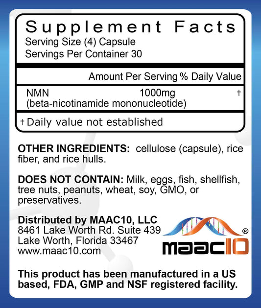 Close-up of MAAC10 NMN capsules highlighting purity and potency.