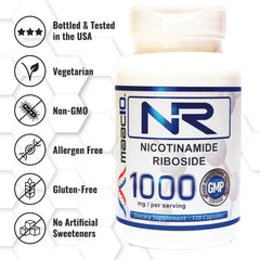 MAAC10 NR bottle label showing 1000 mg serving and four capsules per serving.