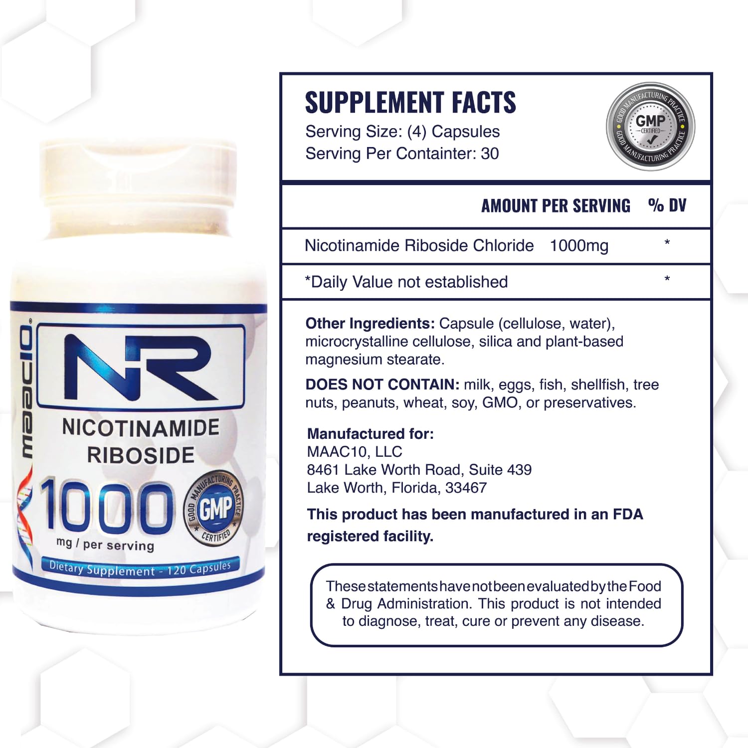 MAAC10 NR capsules closeup highlighting 250 mg per capsule for flexible dosing.