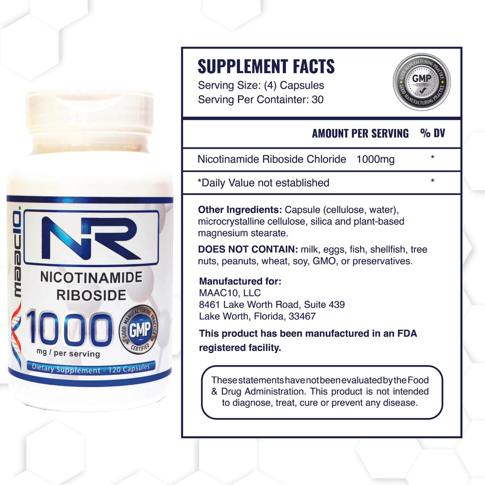 MAAC10 NR capsules closeup highlighting 250 mg per capsule for flexible dosing.