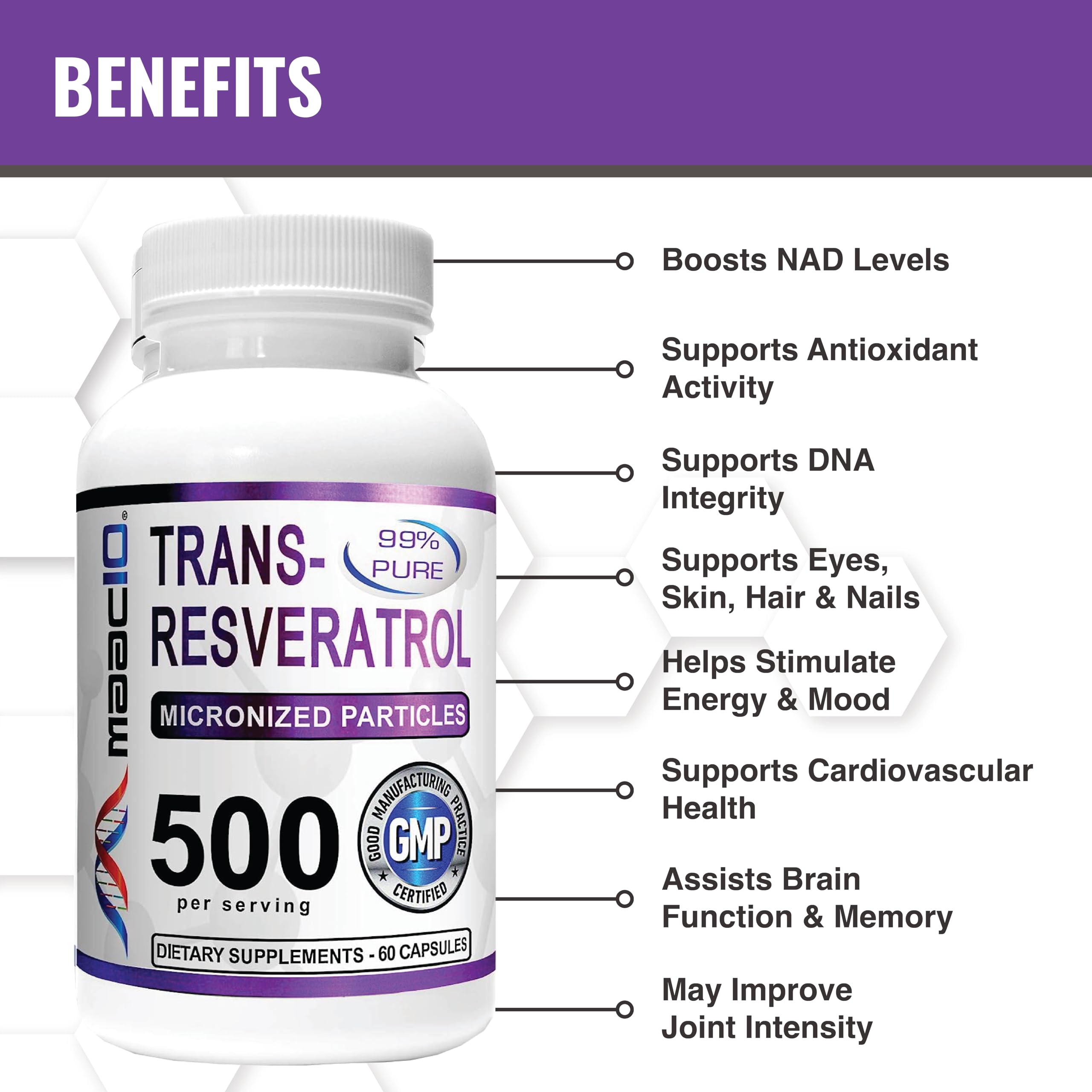 MAAC10 3-Pack bottle back shows dosage and 99% pure trans-resveratrol for clarity