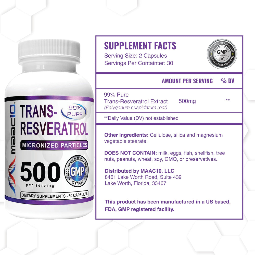 MAAC10 bottle label detail emphasizes pharmaceutical-grade quality and micronized resveratrol