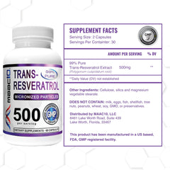 MAAC10 bottle label detail emphasizes pharmaceutical-grade quality and micronized resveratrol