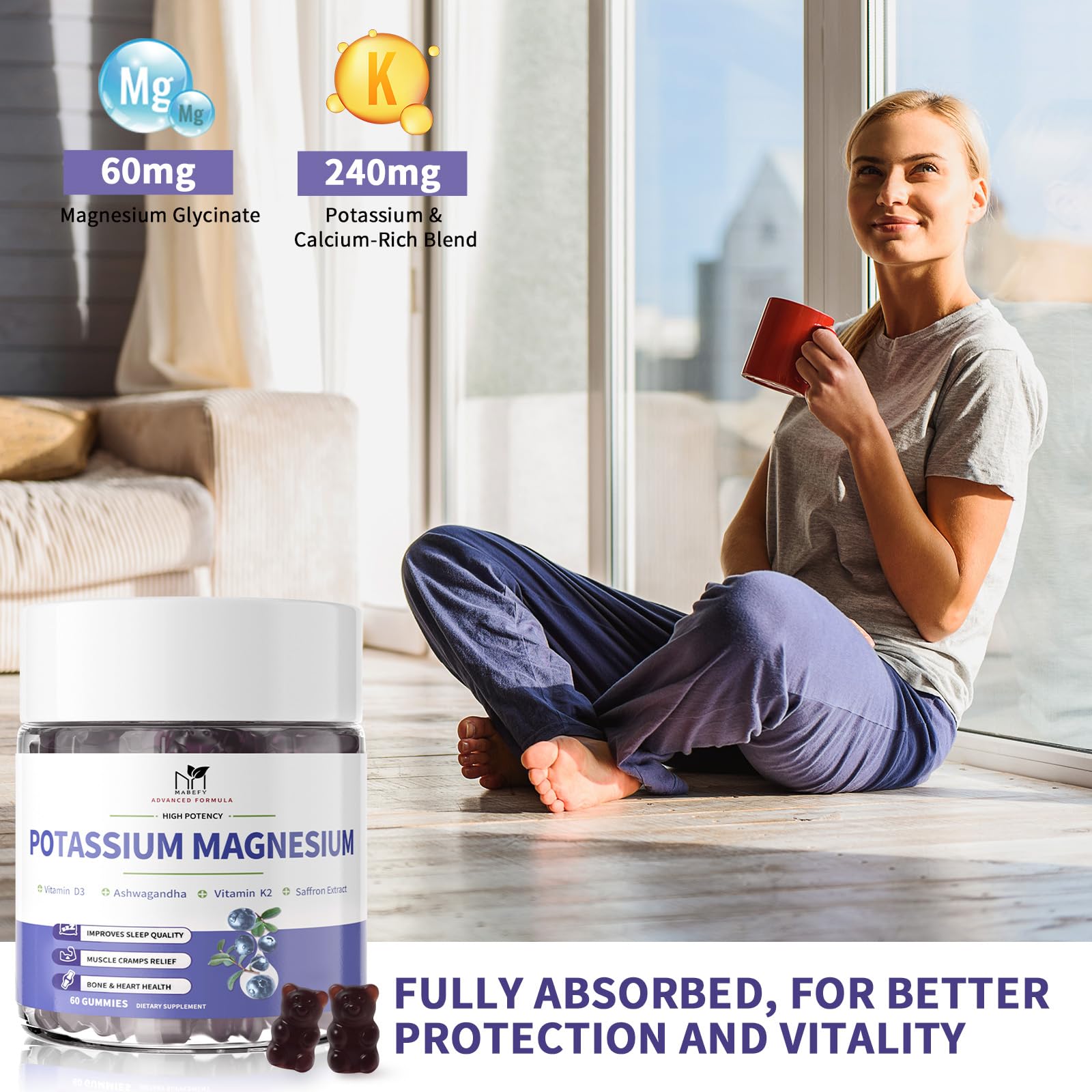 MABEFY vegan-pectin label emphasizes gelatin-free, easy-to-chew nutrition.