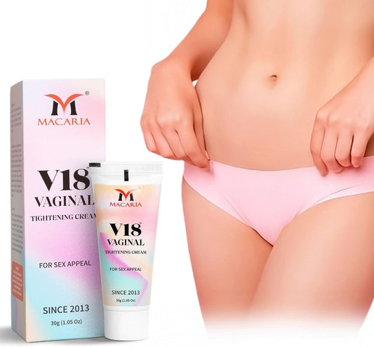 MACARIA V18 cream tube close-up showing instant tightening potential.