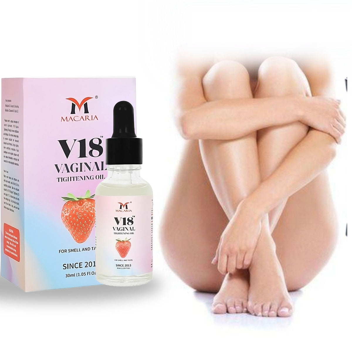 MACARIA V18 Tightening Oil bottle for premium intimate care.