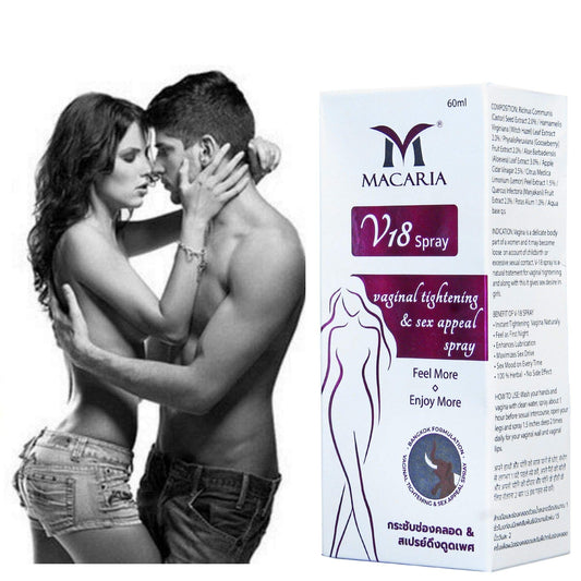 MACARIA V18 vaginal tightening spray bottle with sleek design for easy targeted application.