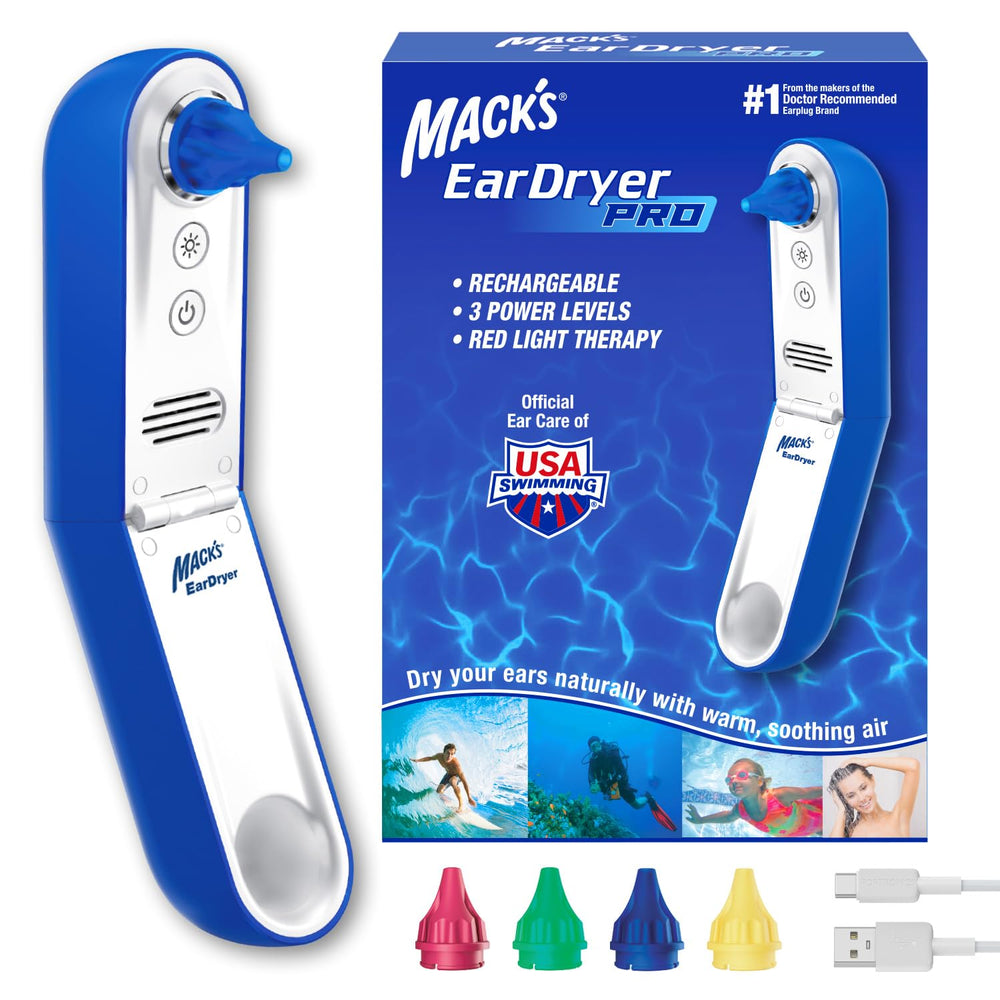 Mack's Ear Dryer PRO front view showing compact design for quick ear drying.