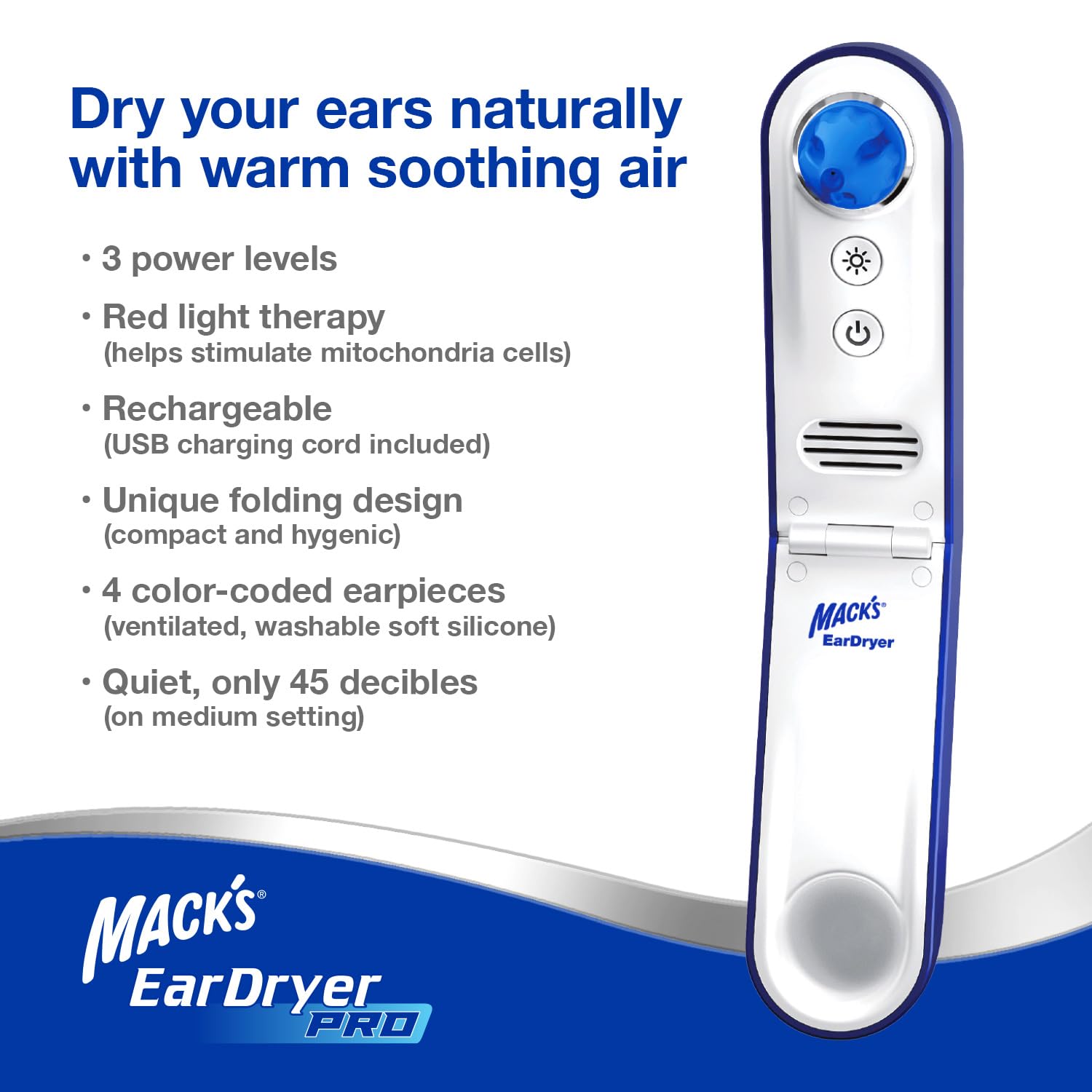 Mack's Ear Dryer PRO side view highlighting portable USB charging and travel storage.