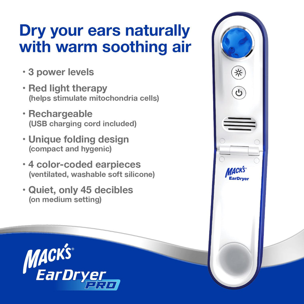 Mack's Ear Dryer PRO side view highlighting portable USB charging and travel storage.