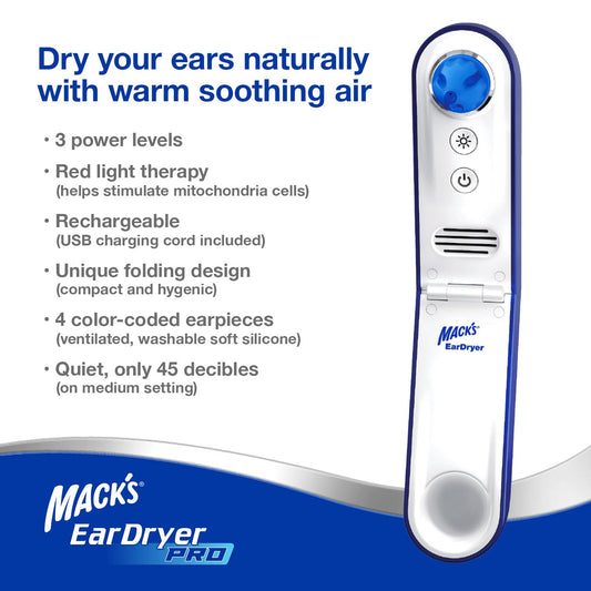 Mack's Ear Dryer PRO side view highlighting portable USB charging and travel storage.