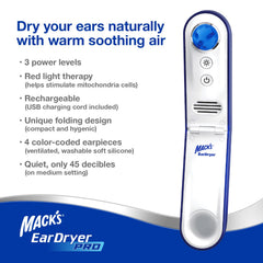 Mack's Ear Dryer PRO side view highlighting portable USB charging and travel storage.