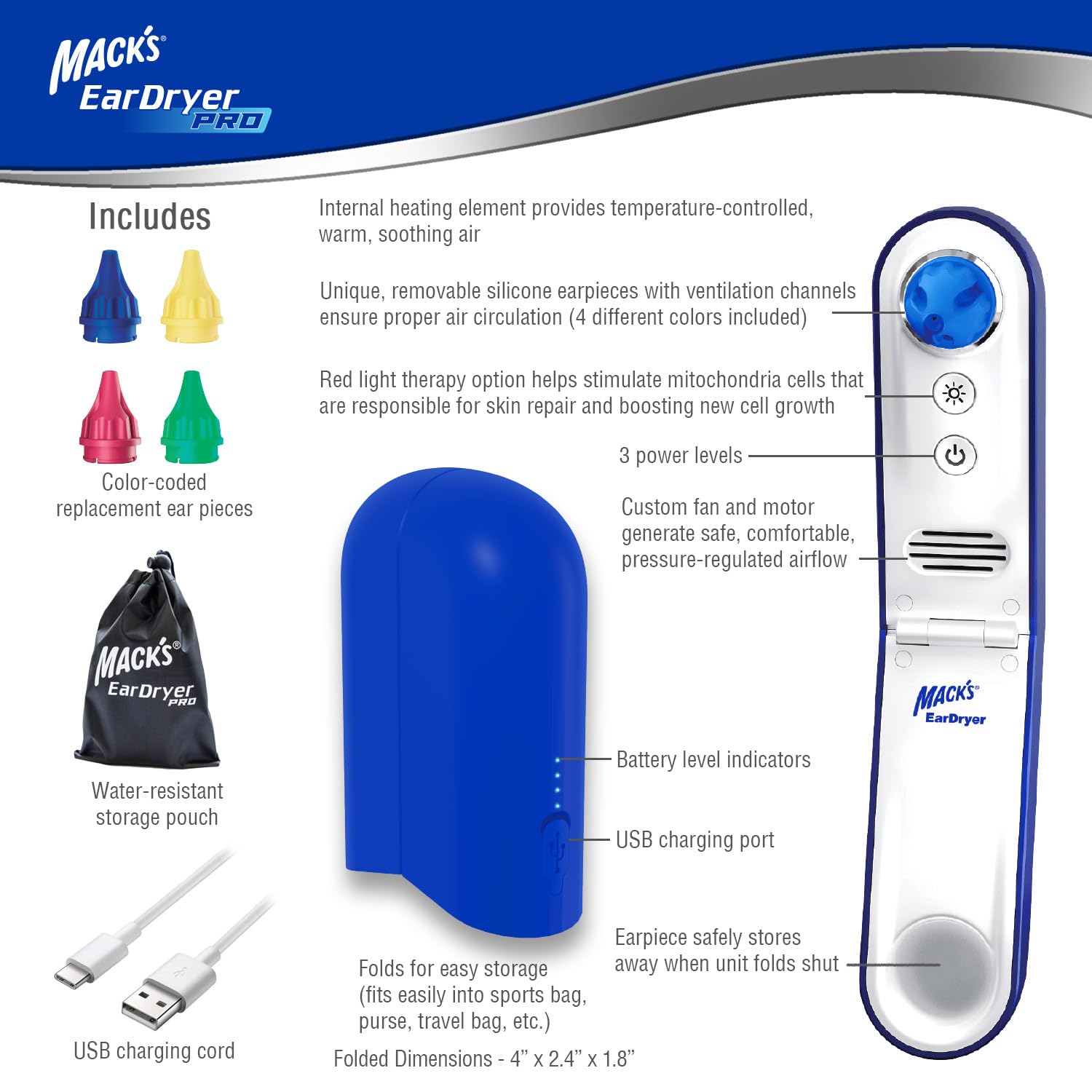 Mack's Ear Dryer PRO with USB charging cable and pouch.