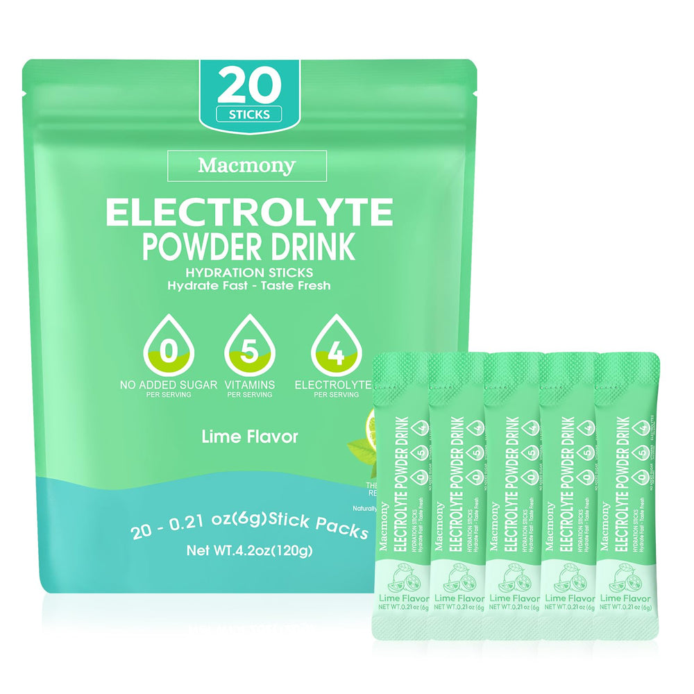 Macmony electrolyte packet lime flavor for on-the-go hydration.