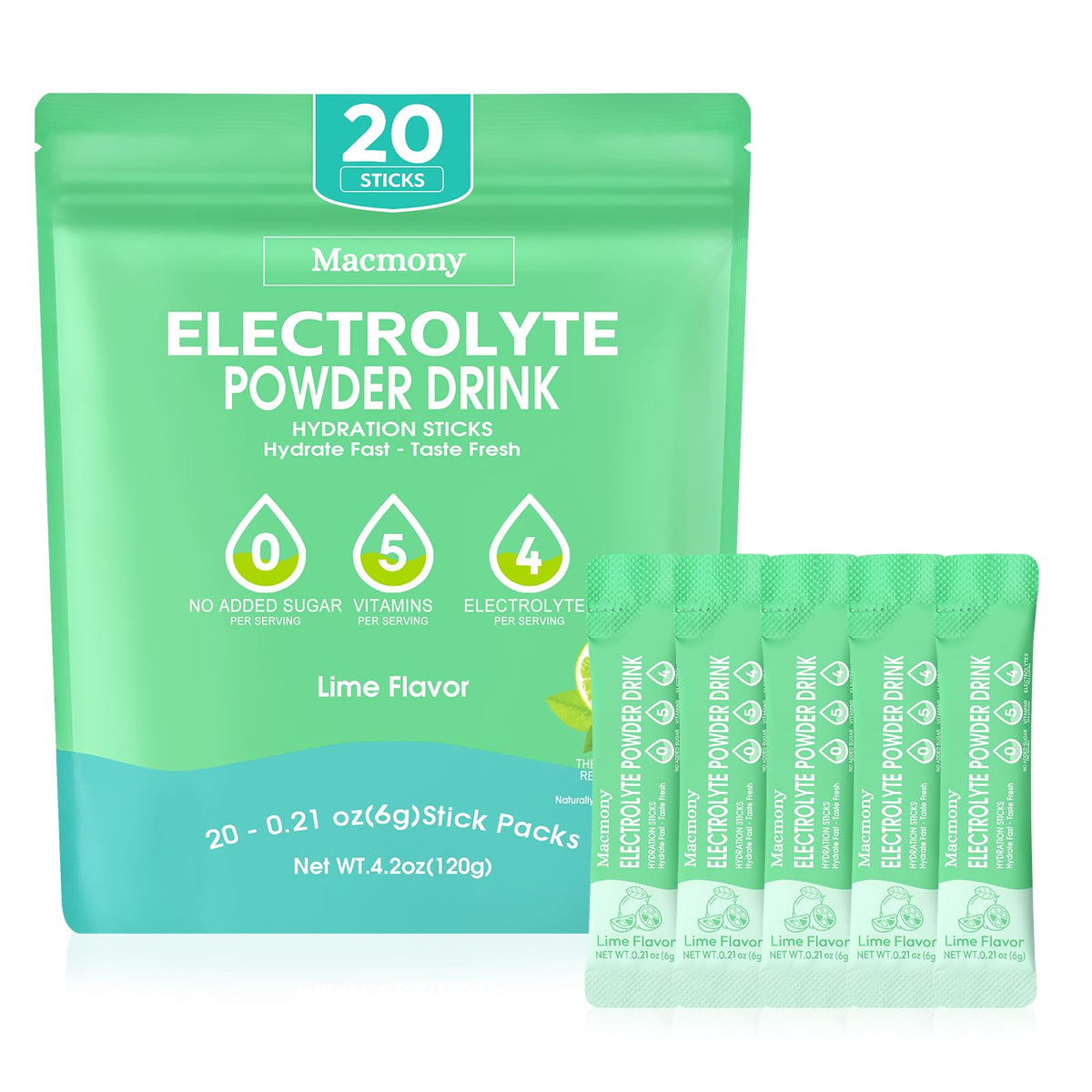 Macmony electrolyte packet lime flavor for on-the-go hydration.