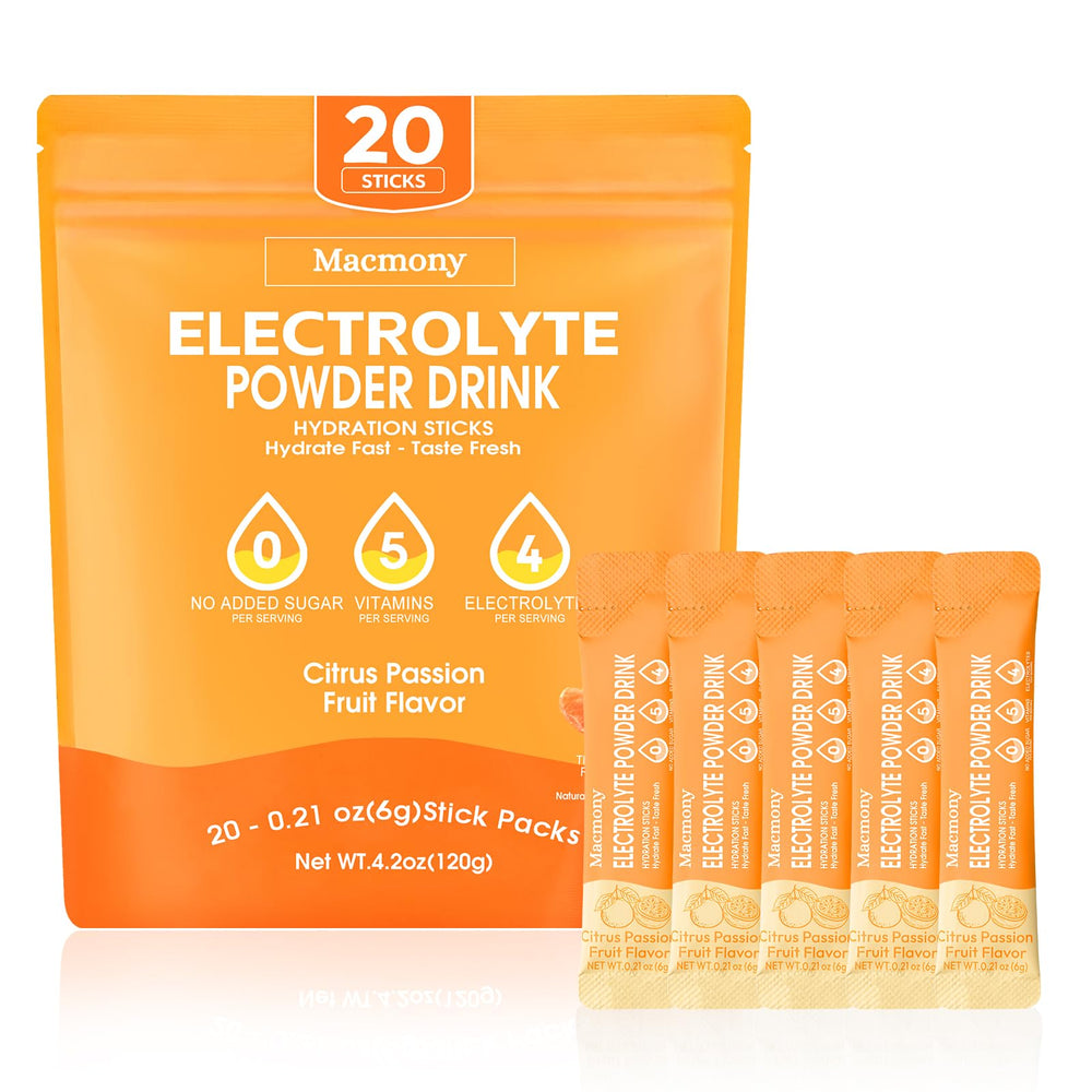Macmony electrolyte packets in citrus passion fruit box for on-the-go hydration after workouts