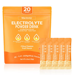 Macmony electrolyte packets in citrus passion fruit box for on-the-go hydration after workouts