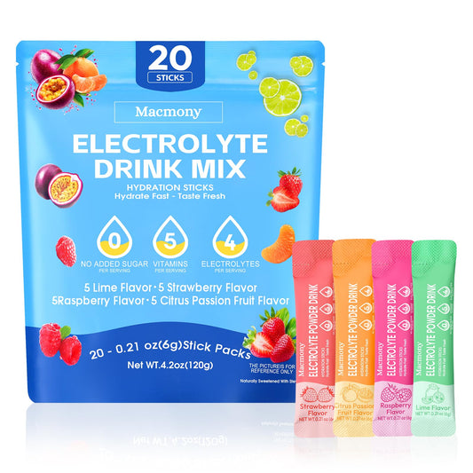 Macmony electrolyte powder packets front view for quick hydration after workouts