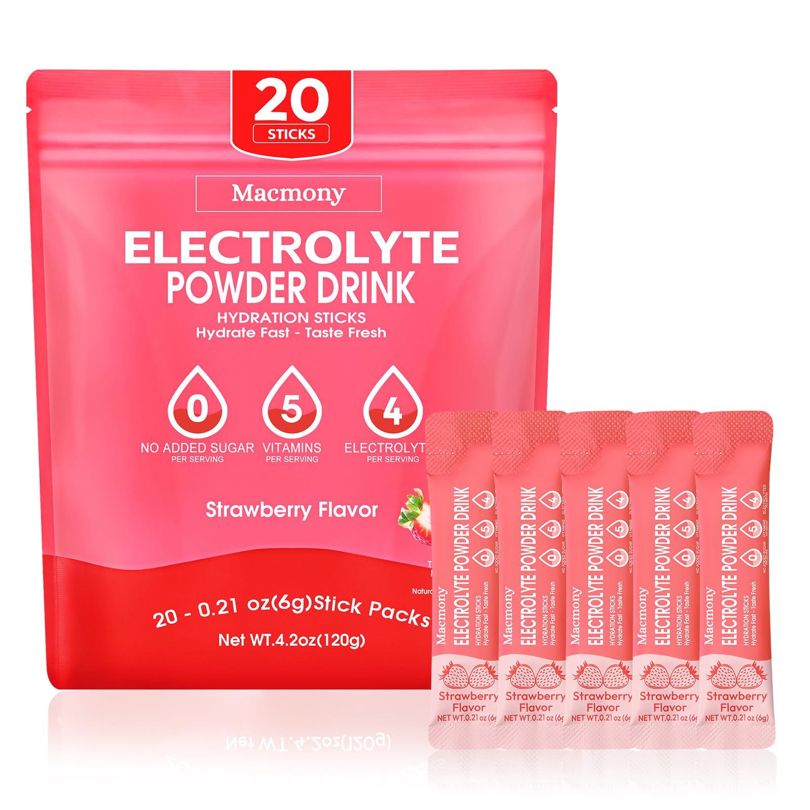 Macmony electrolyte powder packets strawberry flavor for on-the-go hydration.