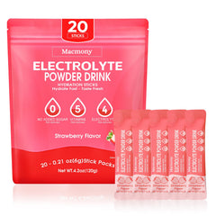 Macmony electrolyte powder packets strawberry flavor for on-the-go hydration.