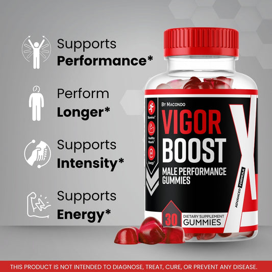 Close-up of Macondo Vigor Boost X gummies label showing natural ingredients