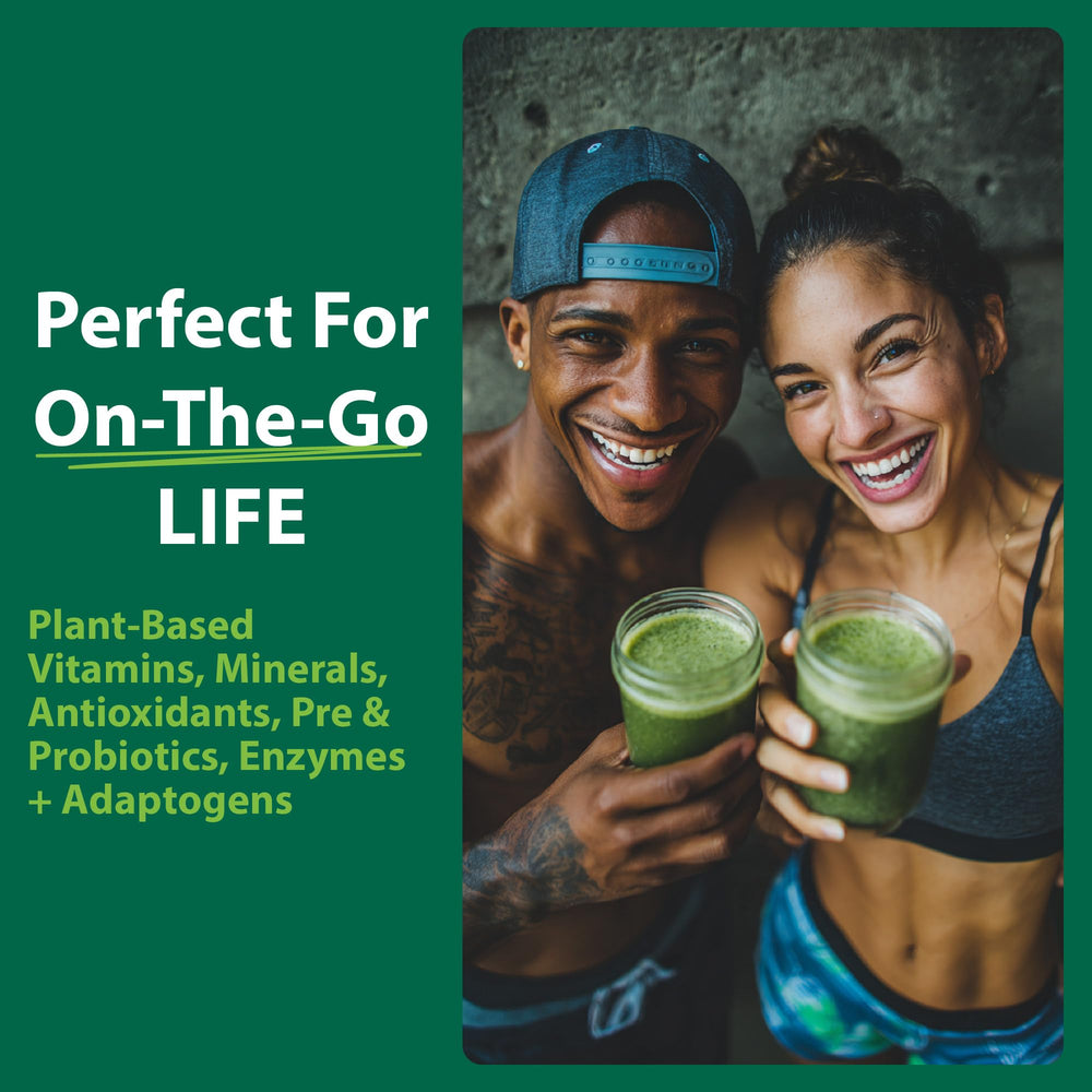 MacroLife Macro Greens Powder dry blend closeup highlights vibrant greens and fine powder texture.