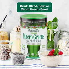 MacroLife Macro Greens Powder measuring cup stresses precise portions for consistency.