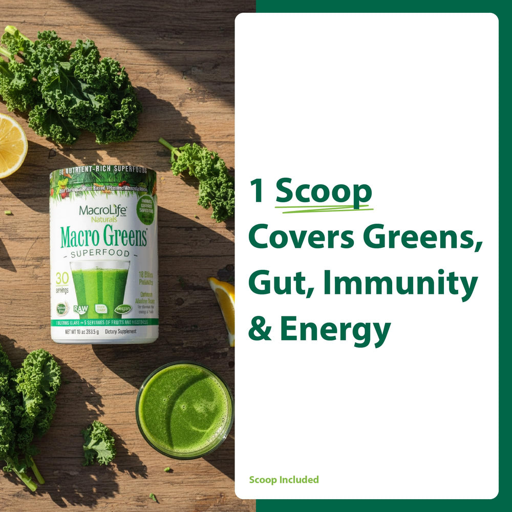 MacroLife Macro Greens Powder spoon suggests convenient serving for smoothies and yogurt.