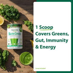 MacroLife Macro Greens Powder spoon suggests convenient serving for smoothies and yogurt.