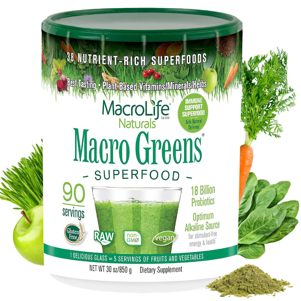 MacroLife Macro Greens powder tub, nutrient-dense daily greens blend for smoothies