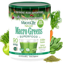 MacroLife Macro Greens powder tub, nutrient-dense daily greens blend for smoothies