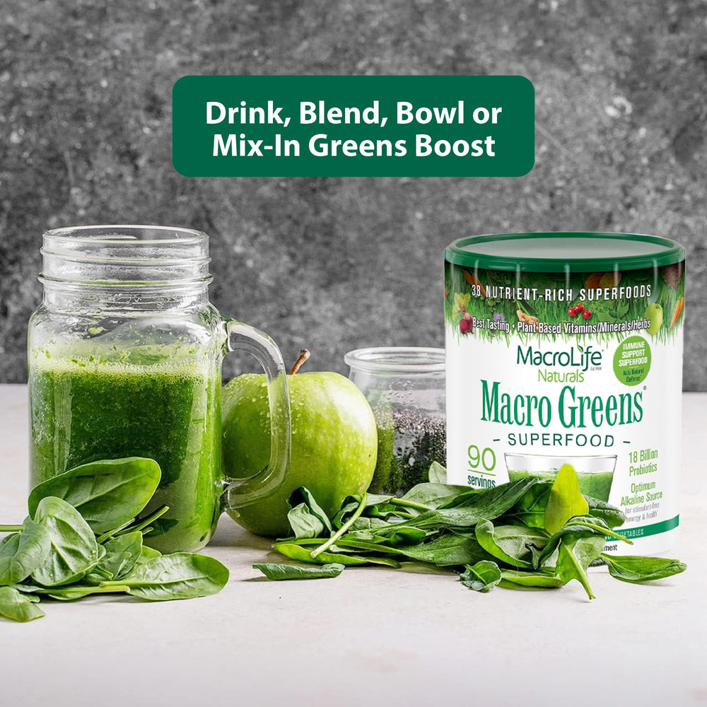 MacroLife Macro Greens vegan non-GMO label signals plant-based nutrition