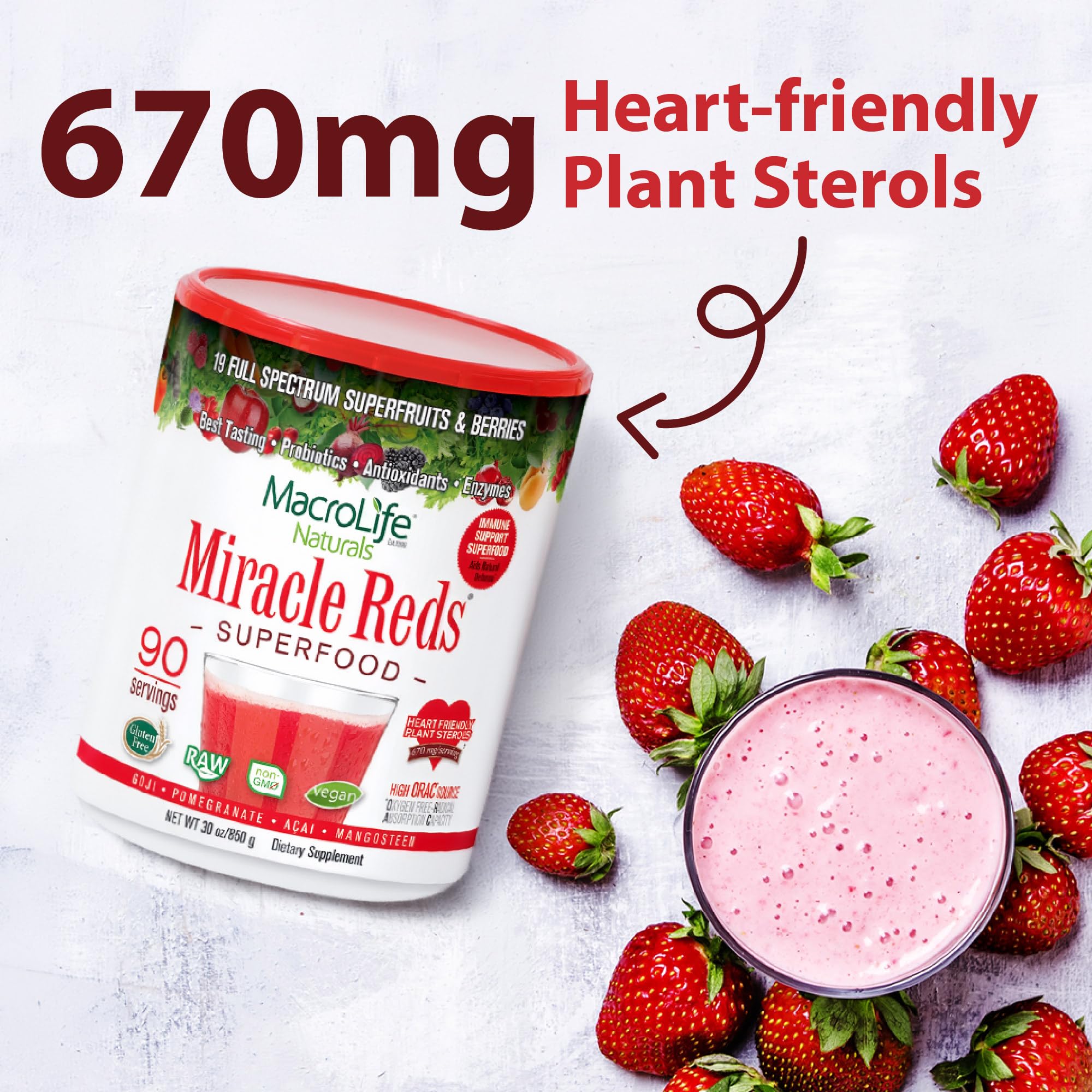 MacroLife Naturals Miracle Reds beets and berries blend illustrates flavor and color.