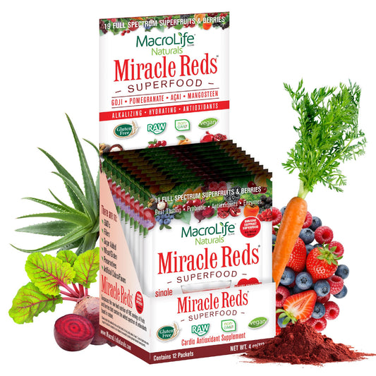MacroLife Naturals Miracle Reds bottle close-up highlighting vibrant antioxidant packaging